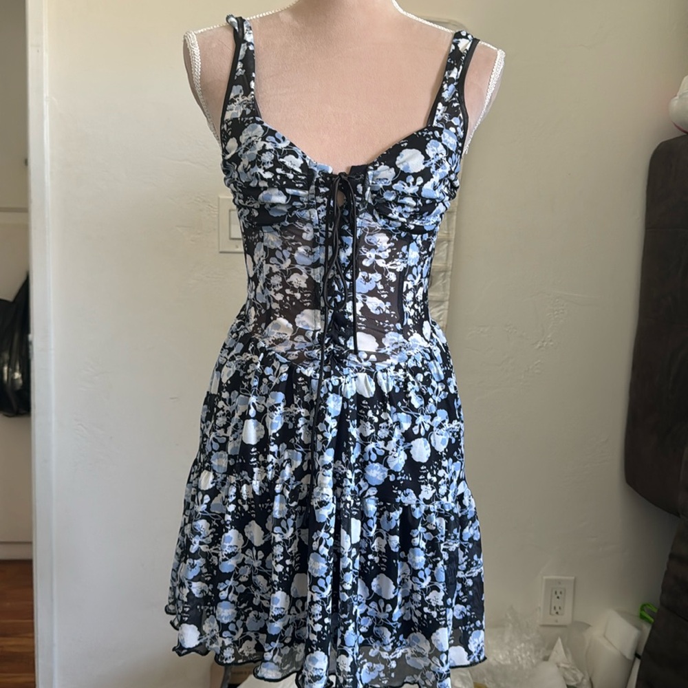 NWT Floral Mesh Lace Up Mini Corset Dress